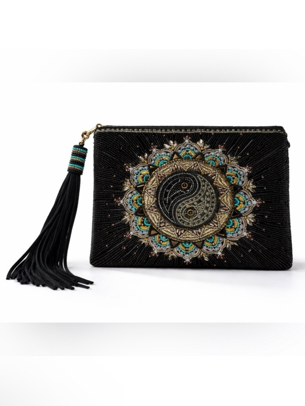 Mary Frances Harmony Beaded Yin Yang Tassel Clutch Evening Bag Western Art